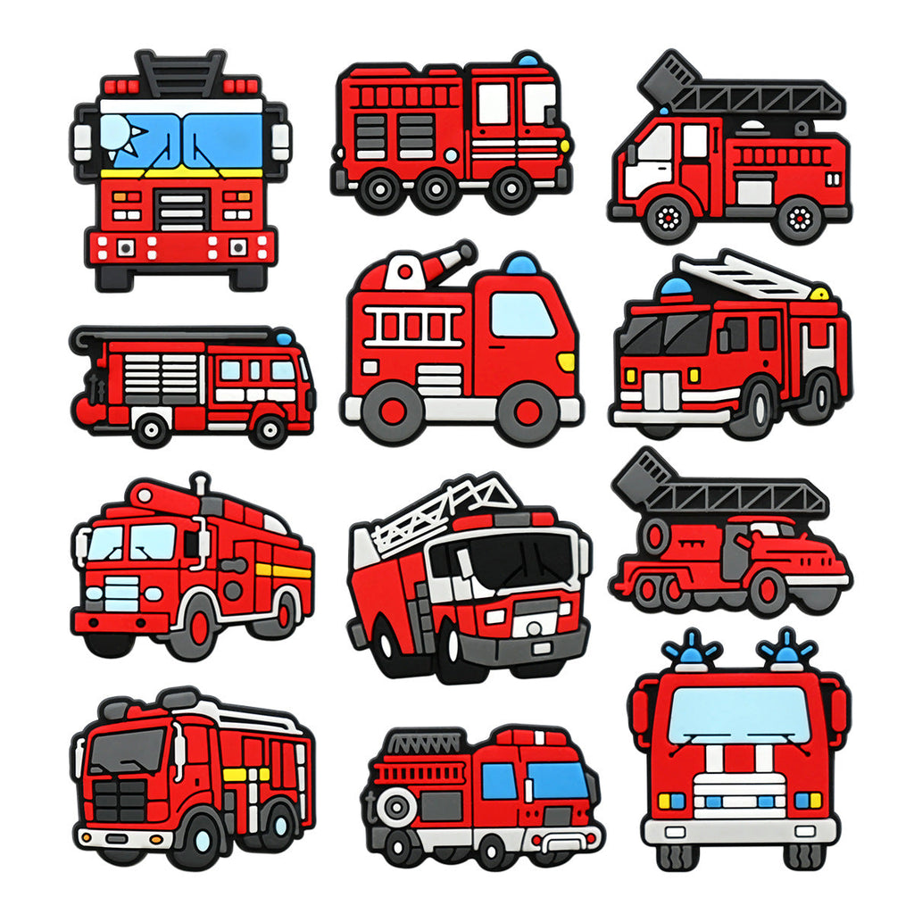 12PCS Cartoon Fire Truck DIY Ideas Series Charms - For Crocs Shoes EVA Bogg Bag Accessories