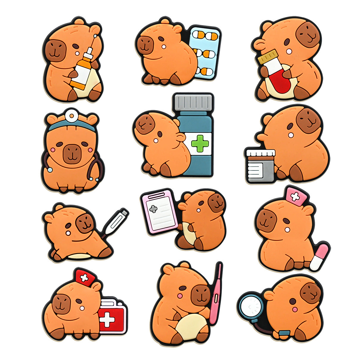12pcs Cute Cartoon Capybara DIY Ideas Series Charms - For Crocs Shoes EVA Bogg Bag Accessories