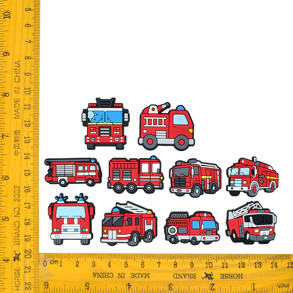 12PCS Cartoon Fire Truck DIY Ideas Series Charms - For Crocs Shoes EVA Bogg Bag Accessories